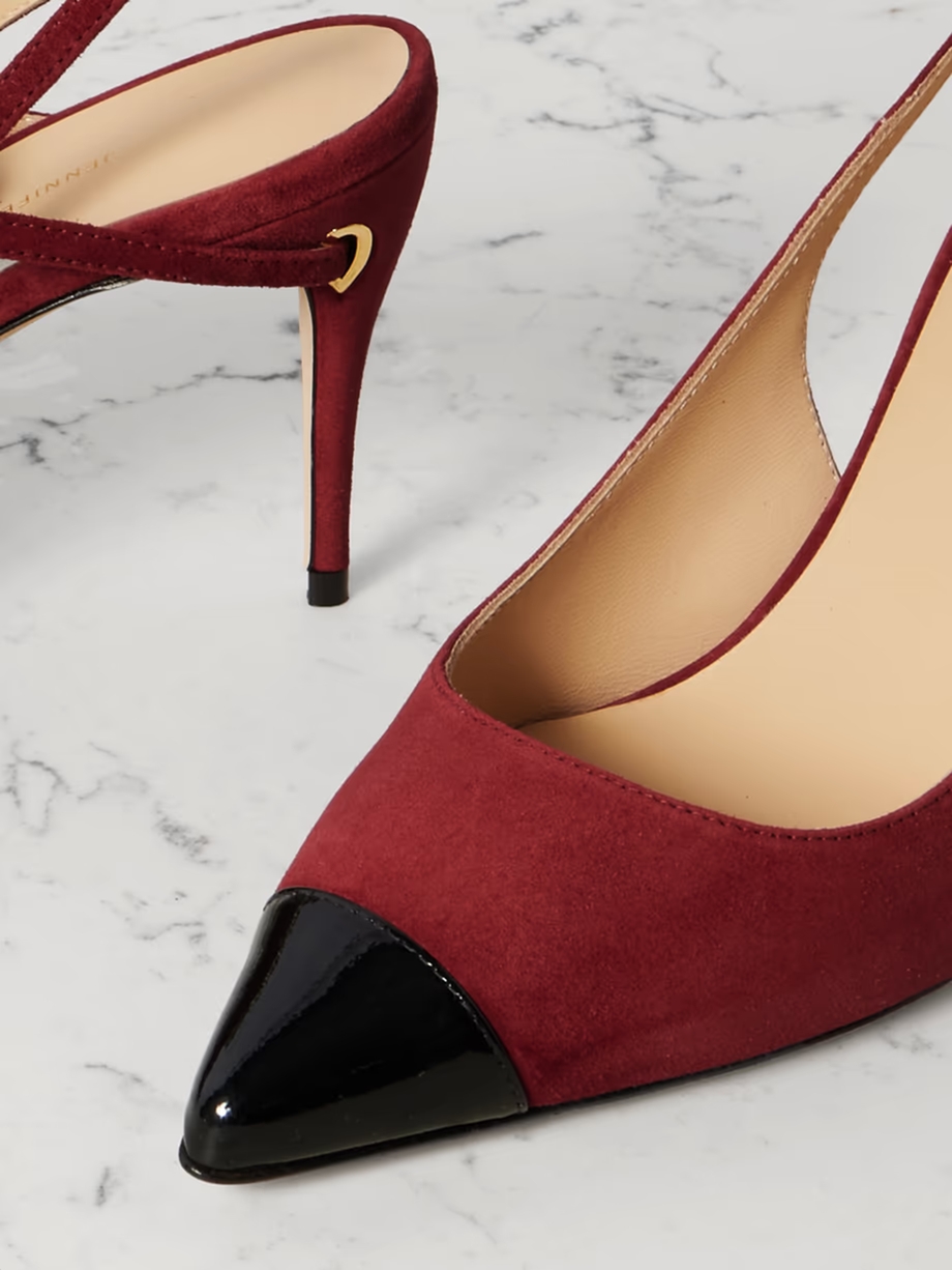 Edoardo 85 patent leather-trimmed suede slingback pumps