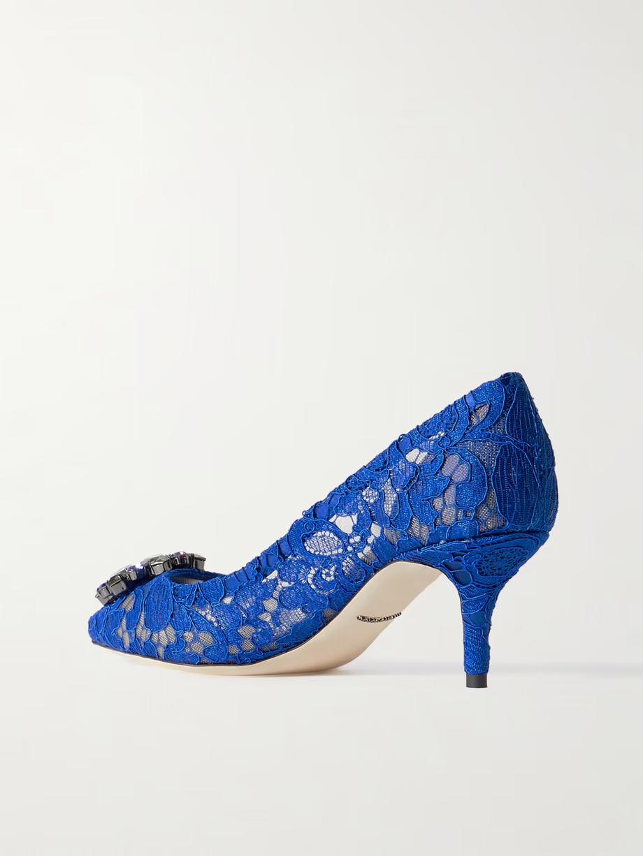 Crystal-embellished lace pumps