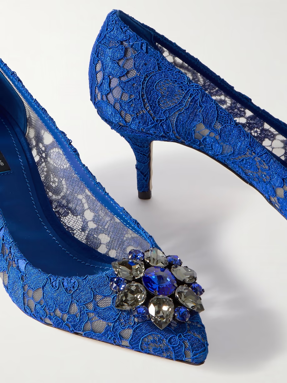 Crystal-embellished lace pumps