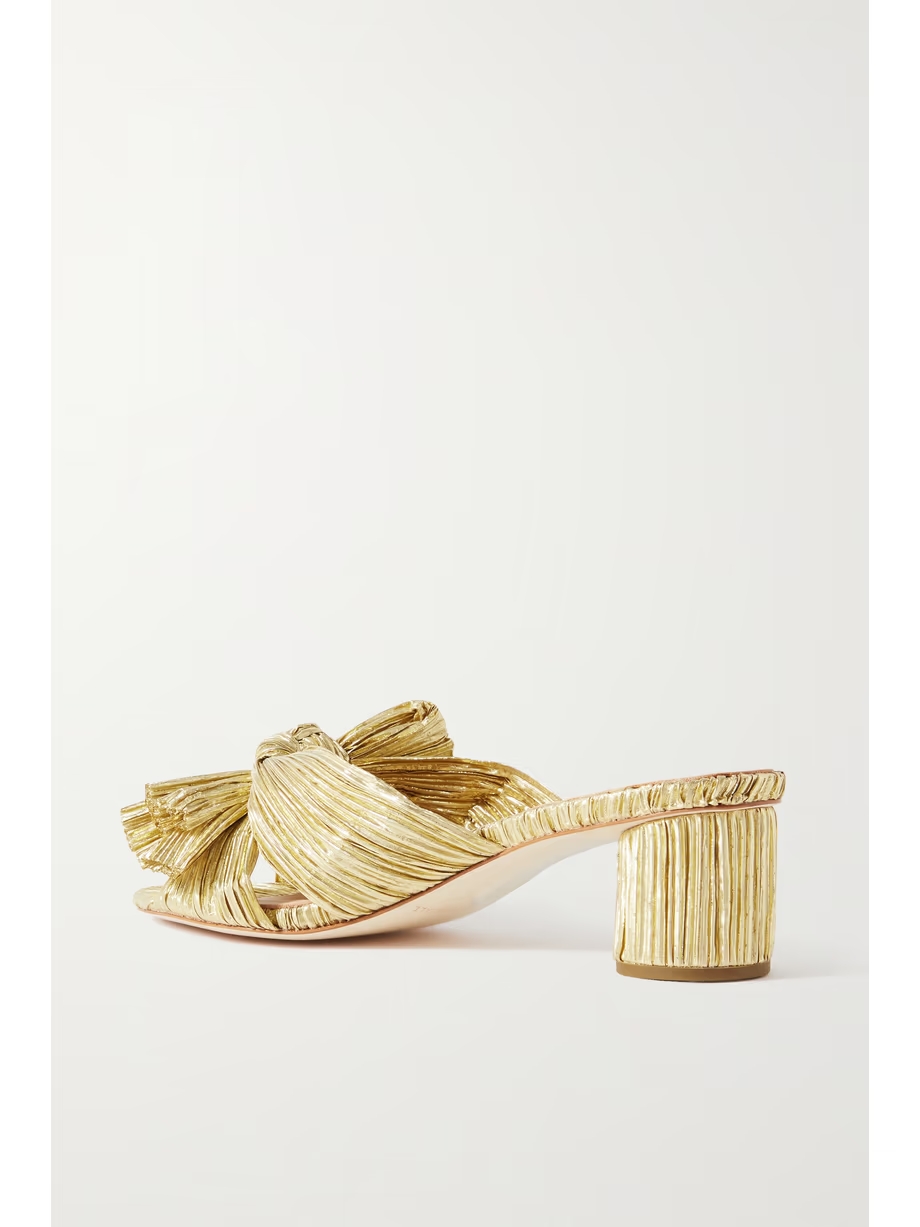 Emilia bow-embellished plissé-lamé mules