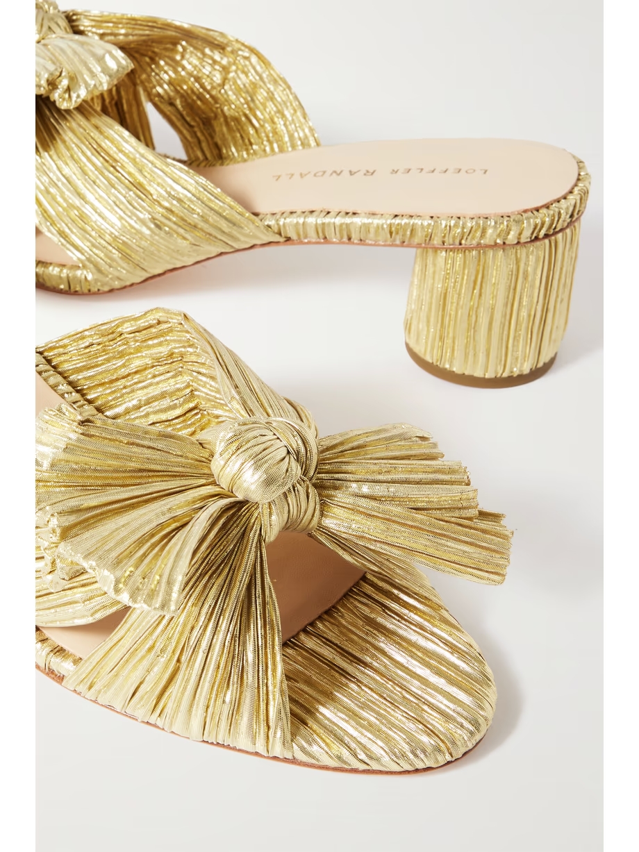 Emilia bow-embellished plissé-lamé mules