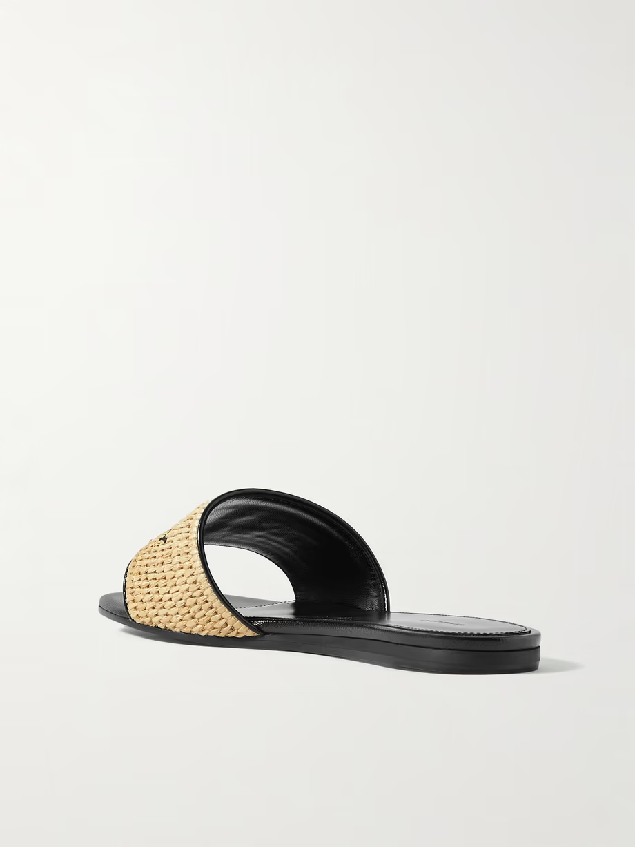 4G leather-trimmed embroidered raffia slides