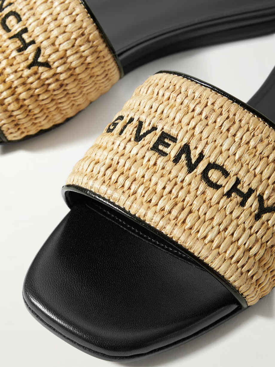 4G leather-trimmed embroidered raffia slides