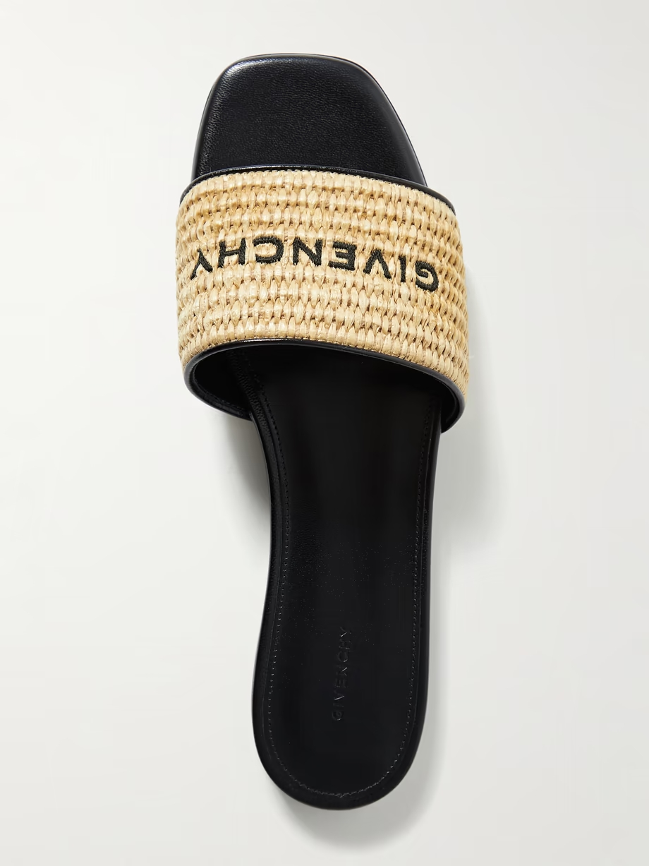 4G leather-trimmed embroidered raffia slides