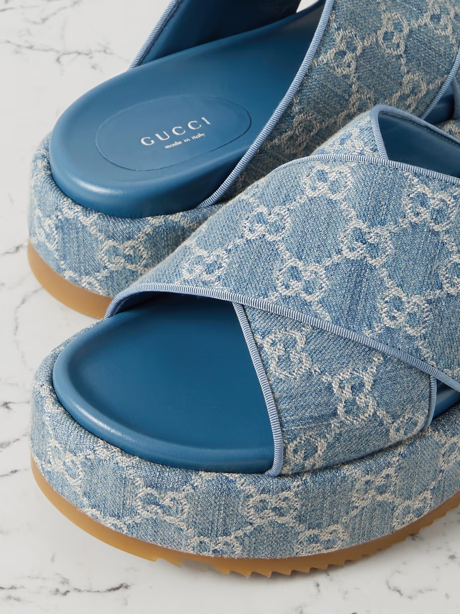 Angelina denim-jacquard platform slides