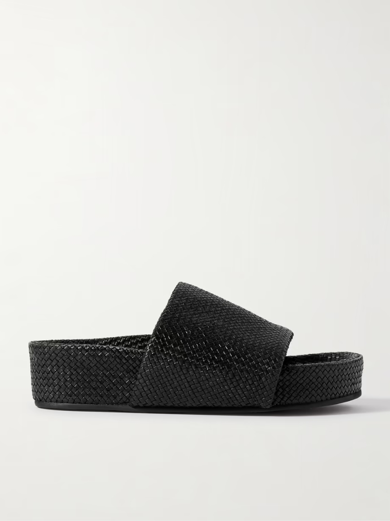 Woven leather platform slides