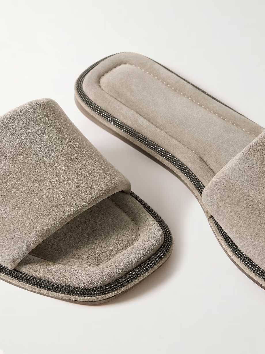 Bead-embellished suede slides