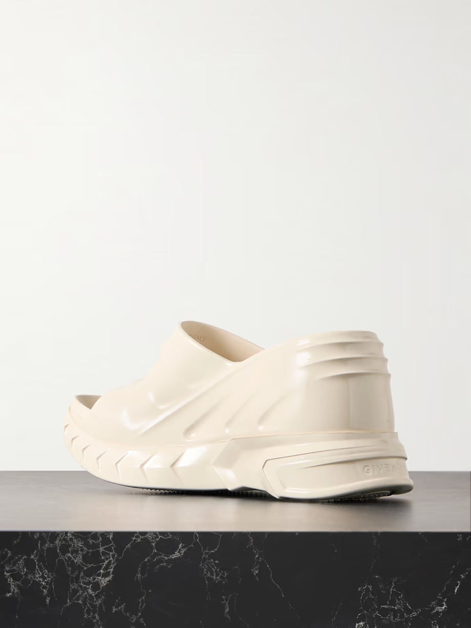 Marshmallow glossed-rubber platform wedge mules