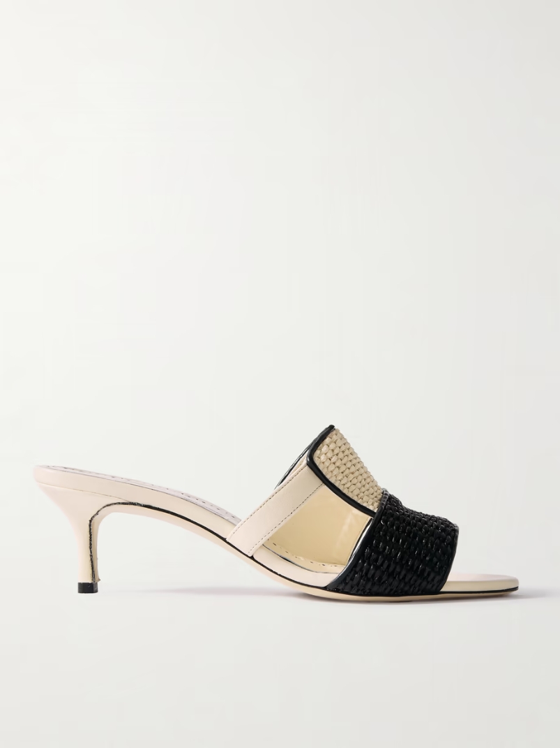 Fabiolamu 50 cutout leather-trimmed two-tone raffia mules