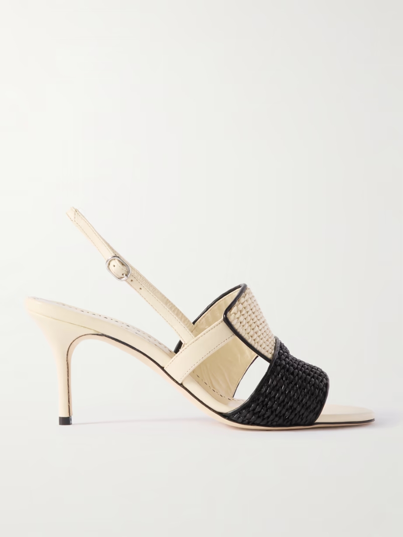 Fabiola 70 leather-trimmed raffia slingback sandals