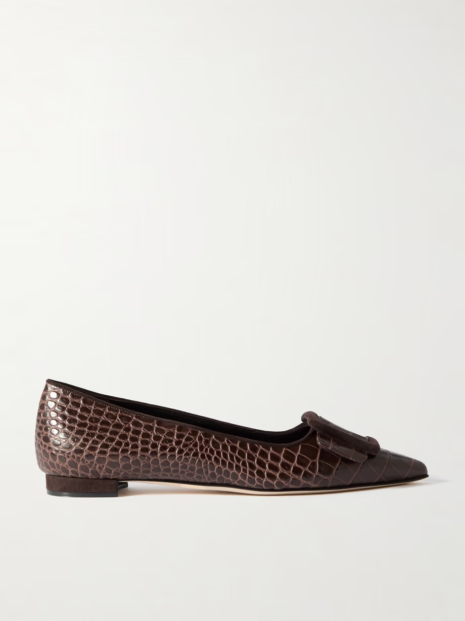 Maysale 10 buckled suede-trimmed croc-effect leather point-toe flats