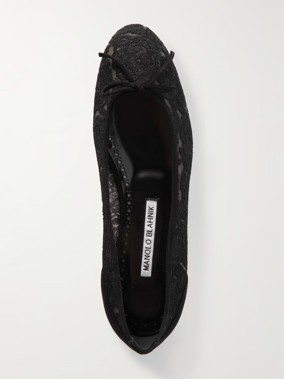 Verizzo bow-detailed suede-trimmed cotton-blend lace ballet flats