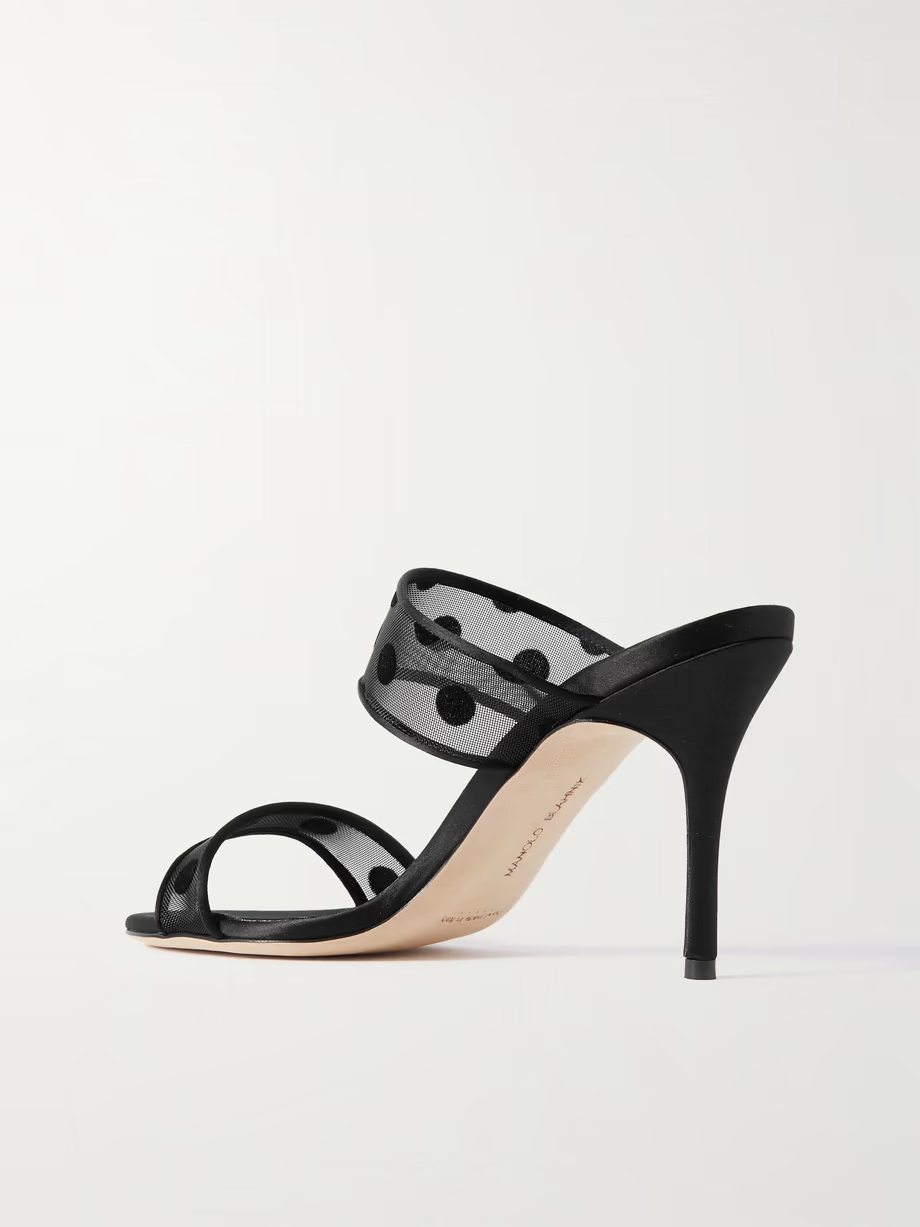 Scolobi 90 satin-trimmed flocked mesh sandals