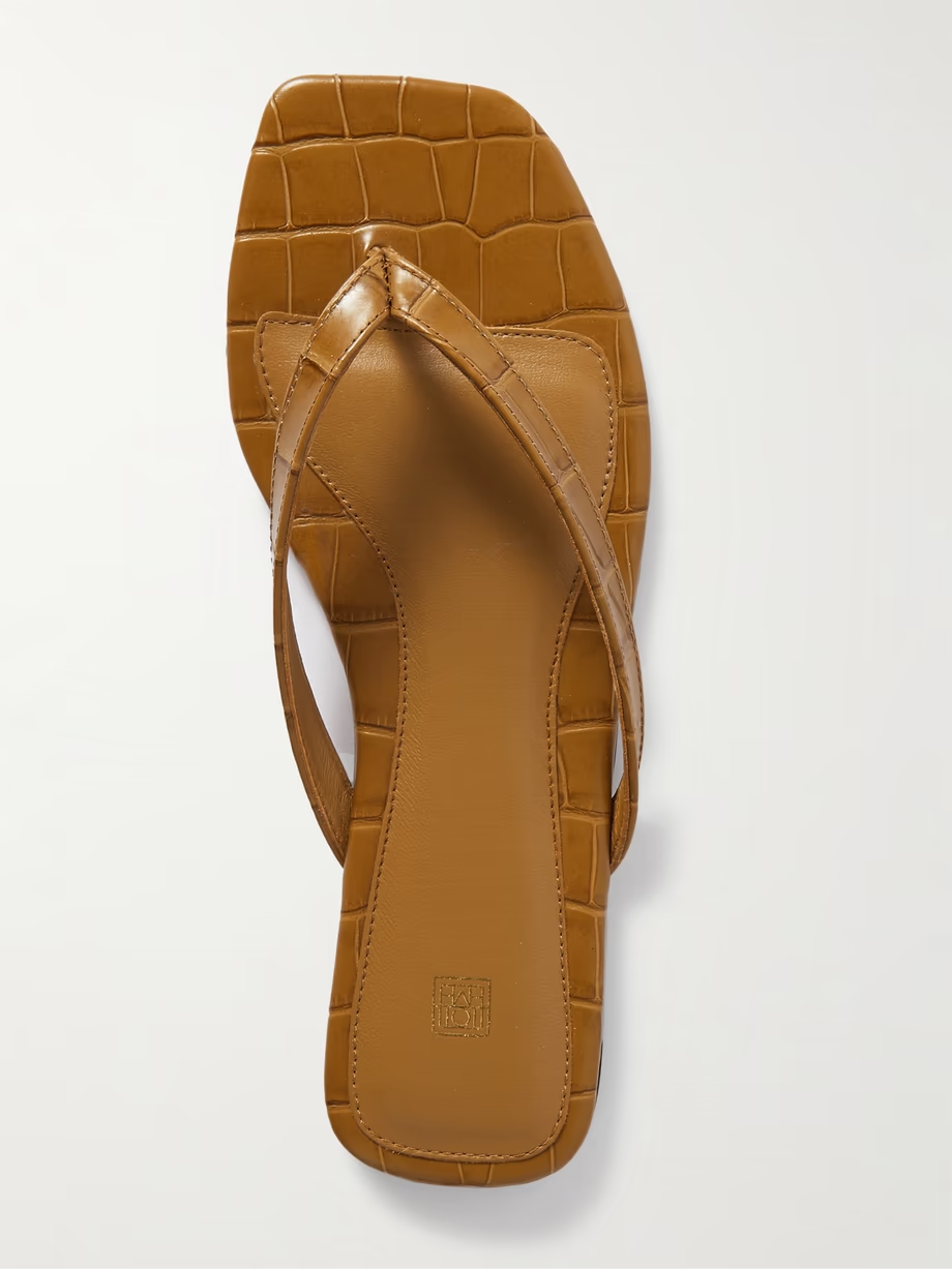 Croc-effect leather flip flops