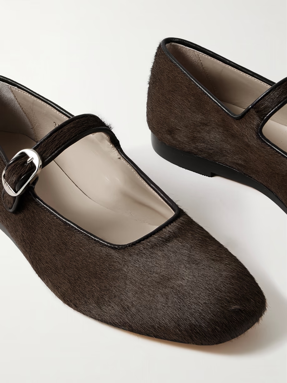 Leather-trimmed pony hair Mary Jane ballet flats