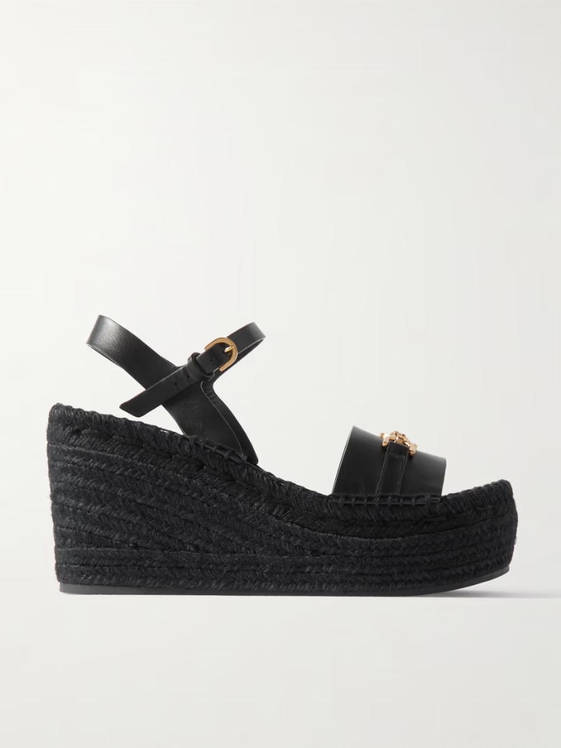 Embellished leather espadrille wedge sandals