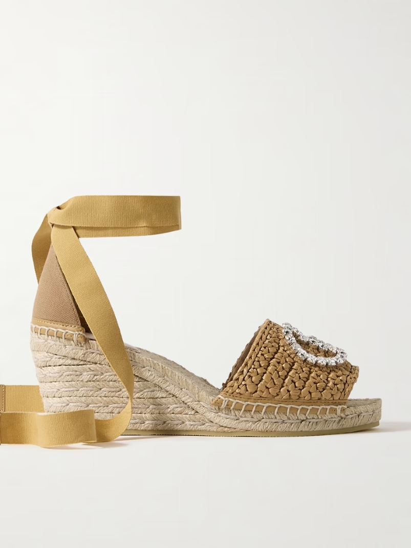 Cora crystal-embellished canvas and raffia espadrille wedge sandals