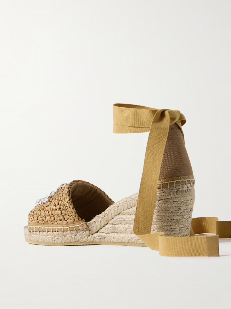 Cora crystal-embellished canvas and raffia espadrille wedge sandals