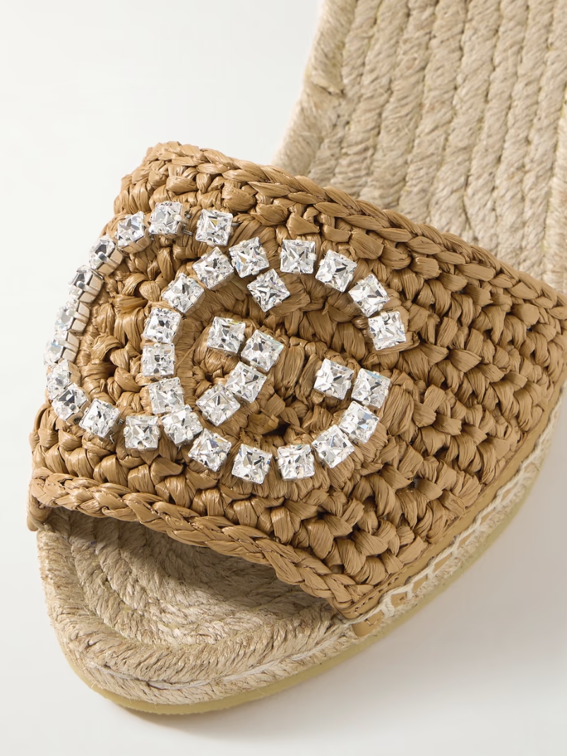 Cora crystal-embellished canvas and raffia espadrille wedge sandals