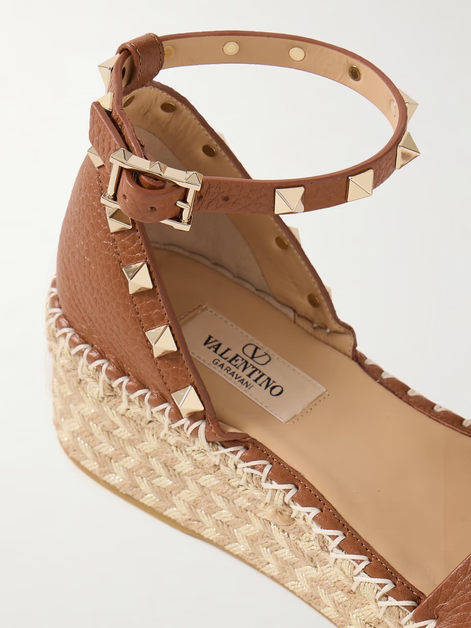 Rockstud 55 textured-leather espadrille wedge sandals