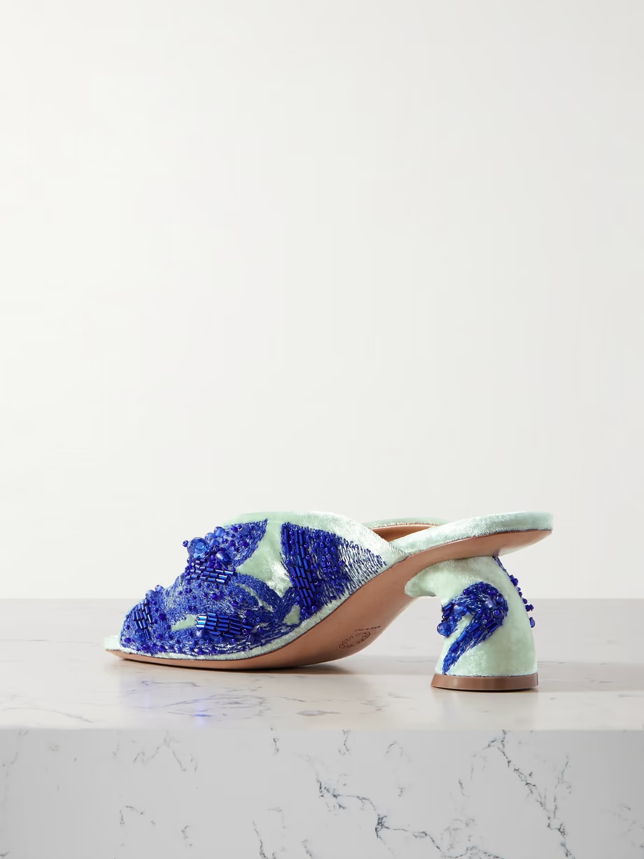 Embroidered embellished velvet mules