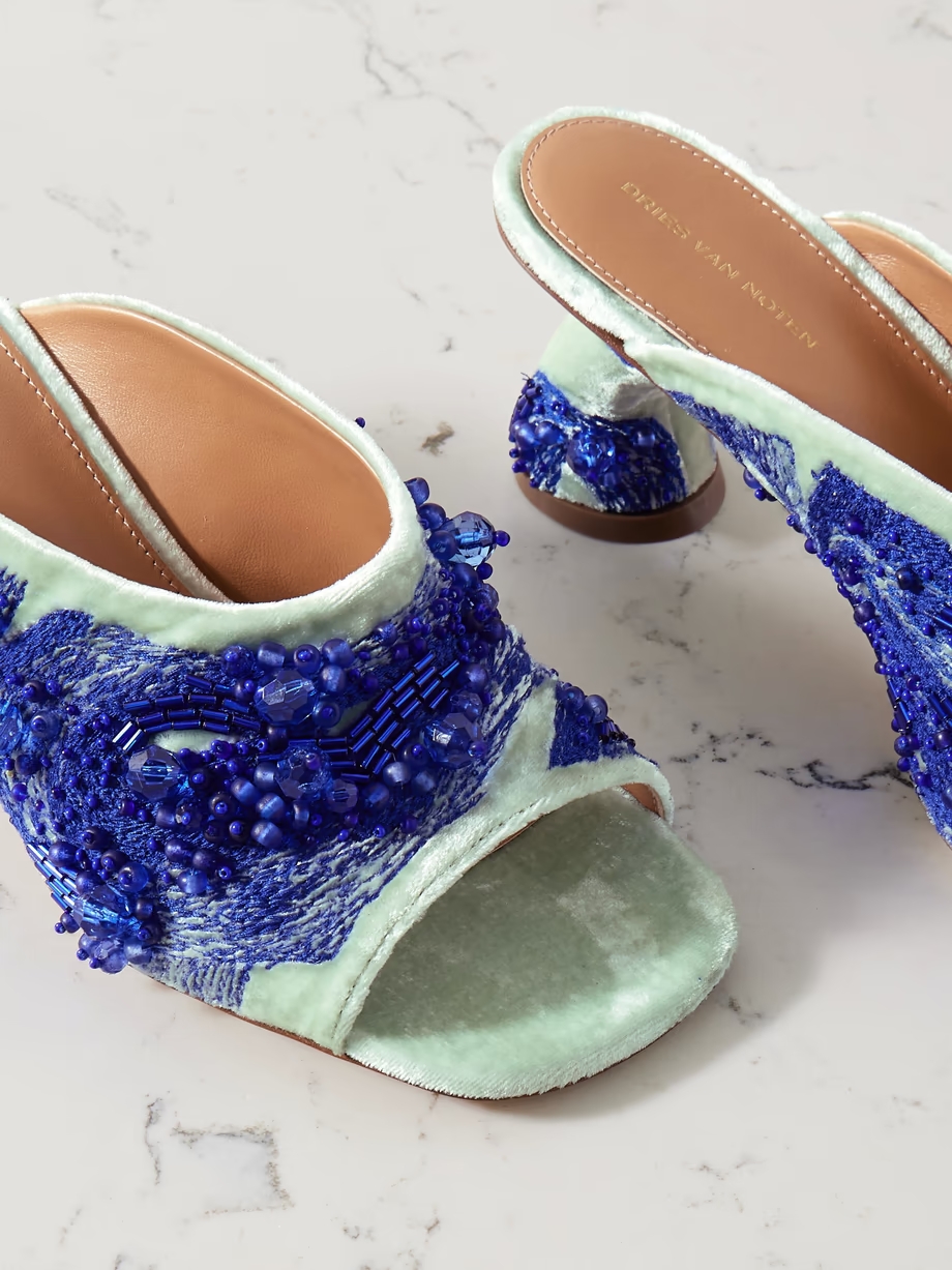 Embroidered embellished velvet mules