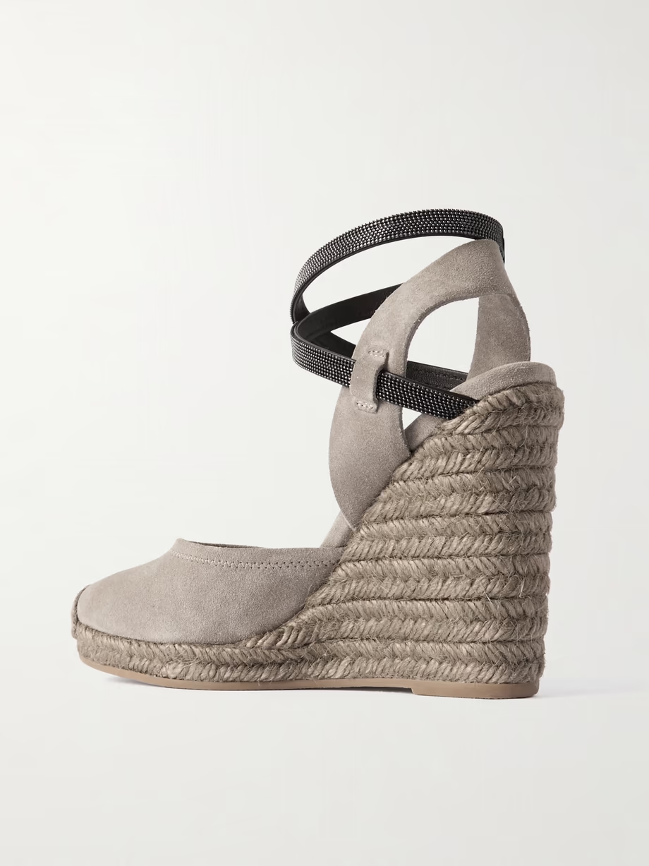 Bead-embellished leather-trimmed suede espadrilles