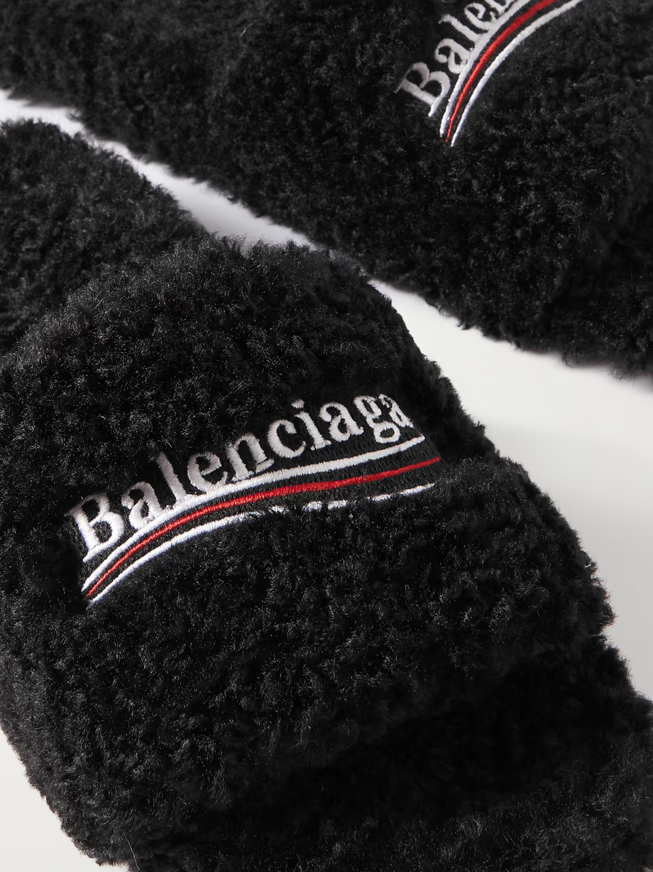 Furry logo-embroidered faux shearling slides