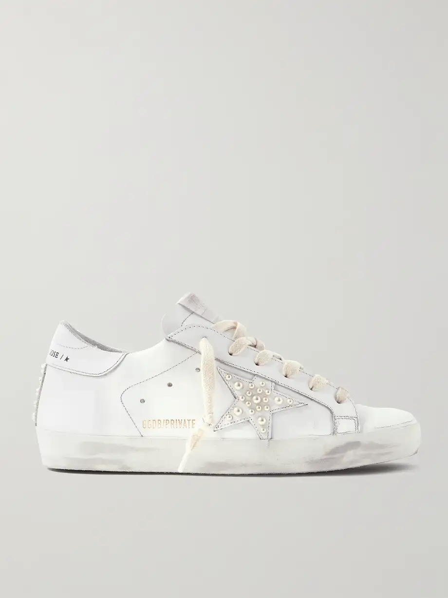 Superstar faux pearl-embellished distressed leather sneakers