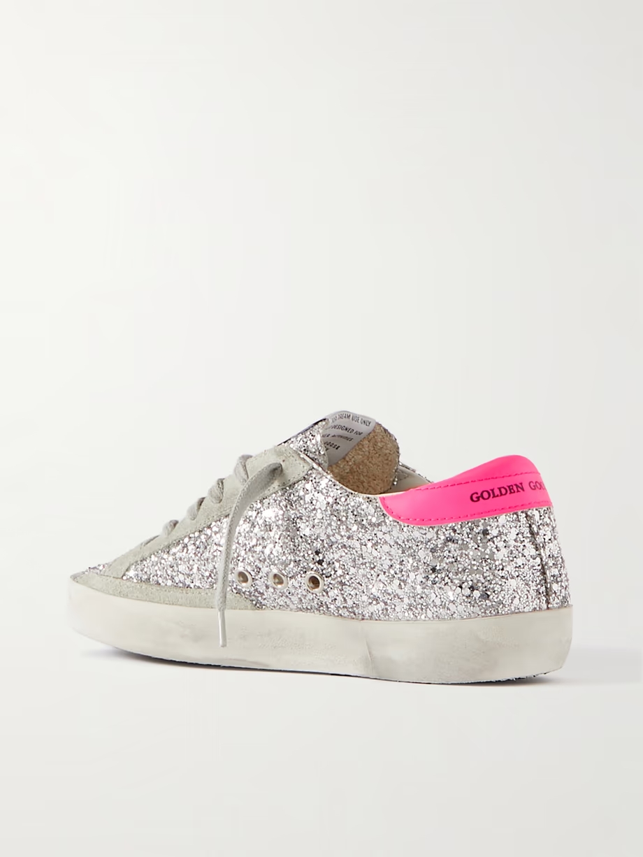 Superstar glittered distressed leather and suede sneakers