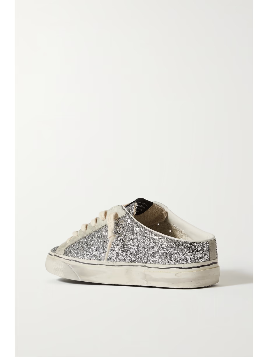 Super-Star Sabot distressed glittered leather and suede slip-on sneakers