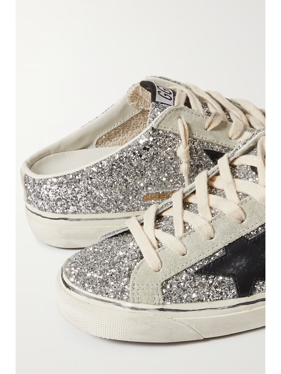 Super-Star Sabot distressed glittered leather and suede slip-on sneakers