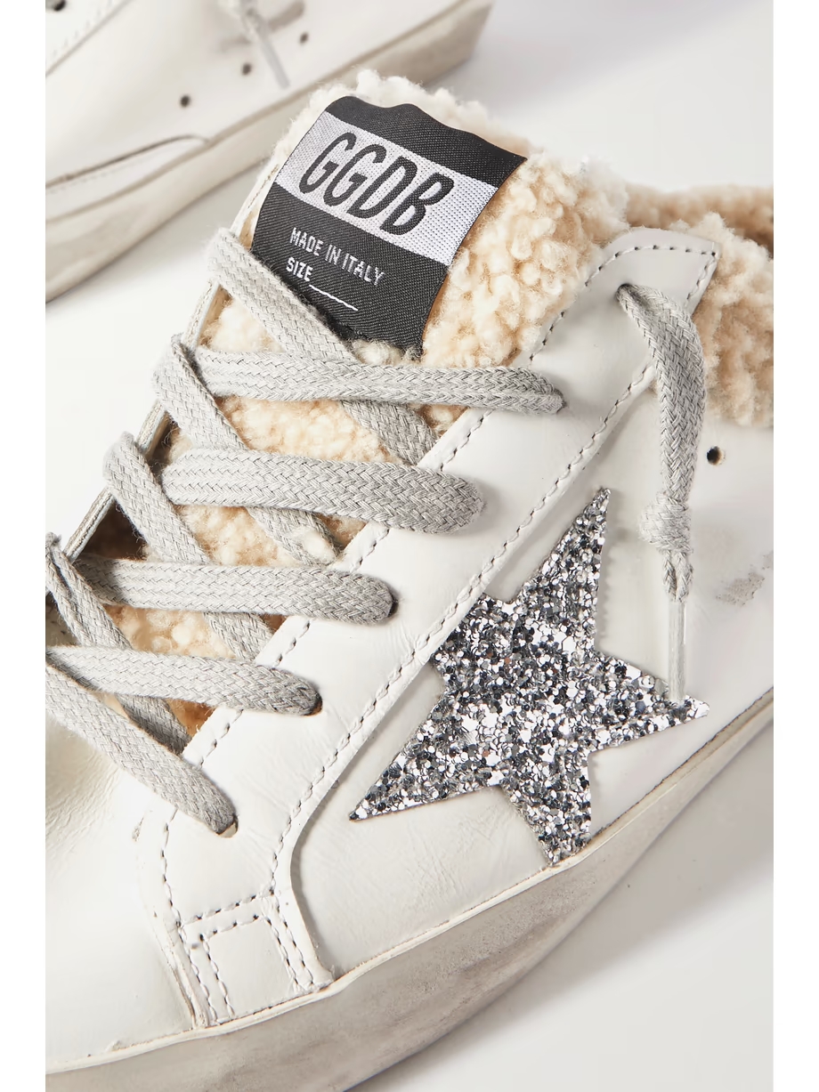 Superstar Sabot shearling-lined distressed glittered leather slip-on sneakers