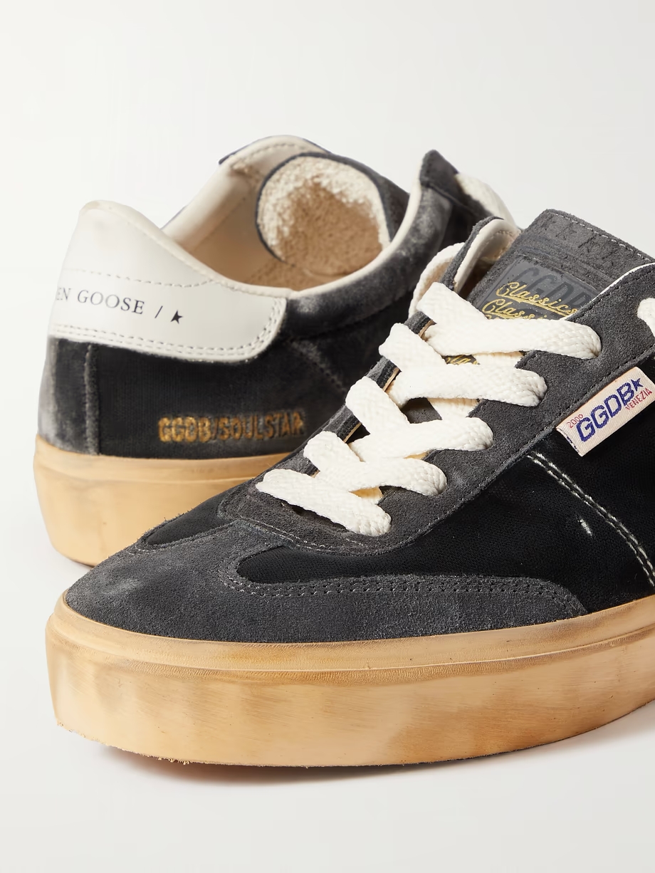 Soul-Star distressed suede and leather-trimmed velvet sneakers