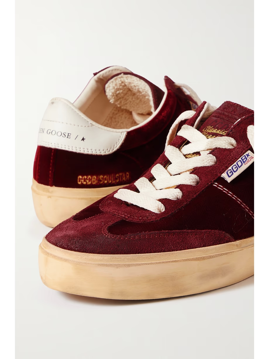 Soul-Star distressed suede and leather-trimmed velvet sneakers