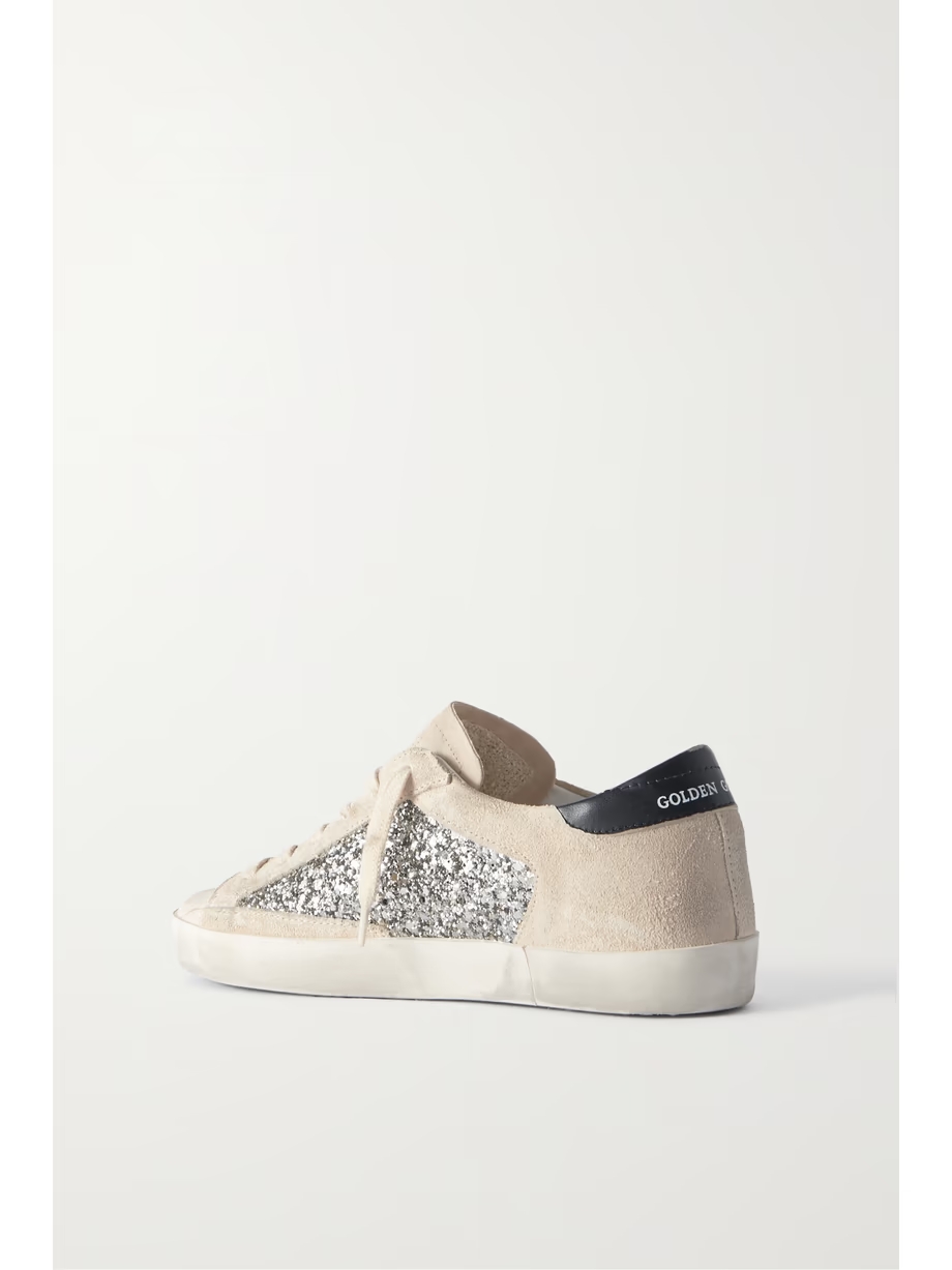 Super-Star leather-trimmed distressed glittered suede sneakers