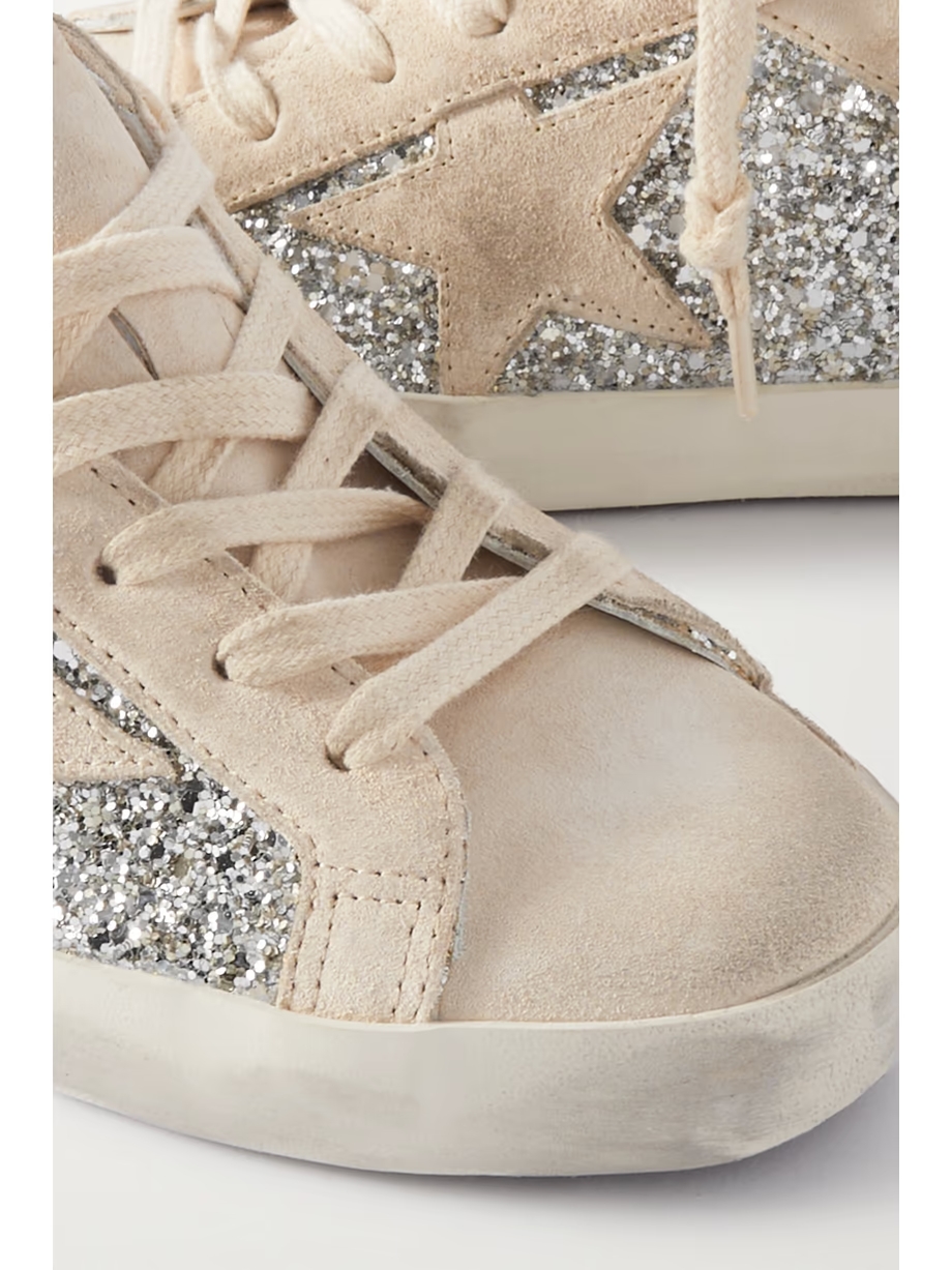 Super-Star leather-trimmed distressed glittered suede sneakers