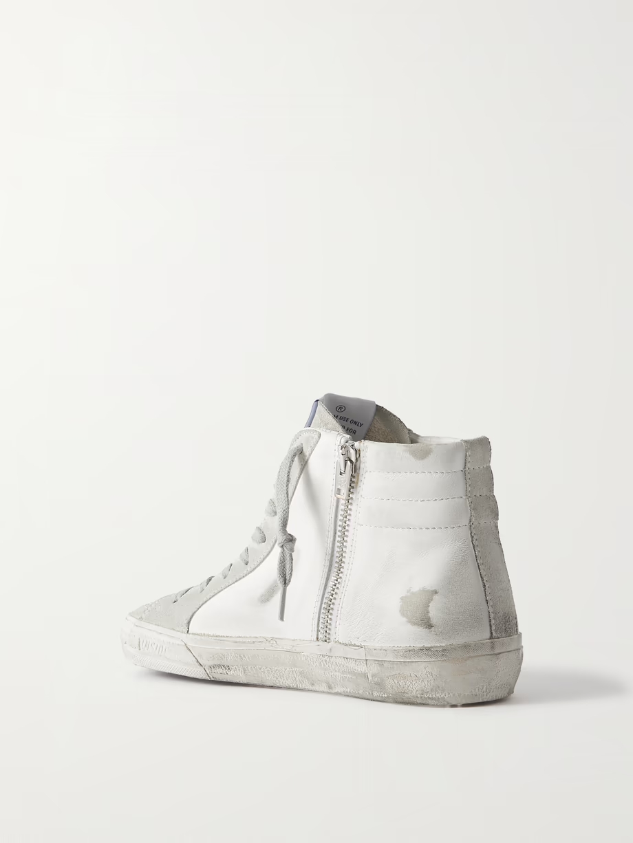 Slide distressed suede and leather high-top sneakers