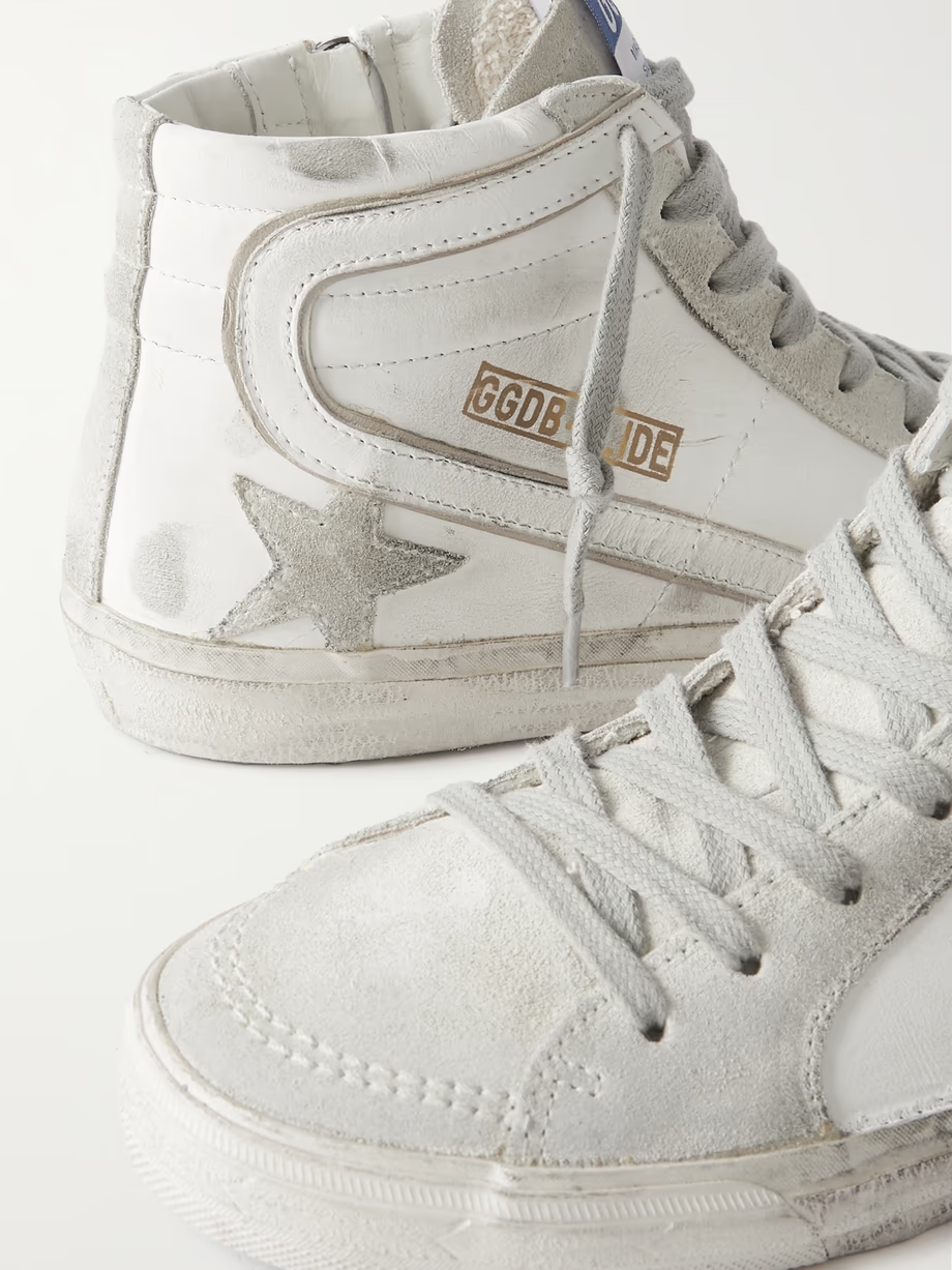 Slide distressed suede and leather high-top sneakers