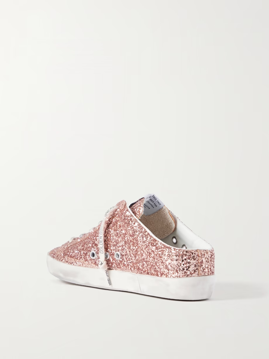 Super-Star Sabot distressed suede-trimmed glittered leather slip-on sneakers