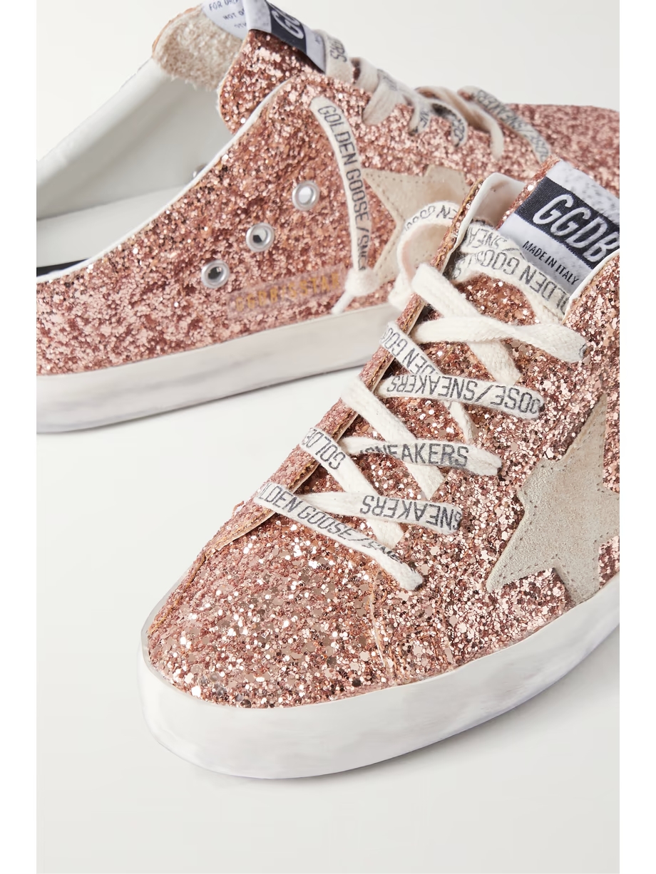 Super-Star Sabot distressed suede-trimmed glittered leather slip-on sneakers