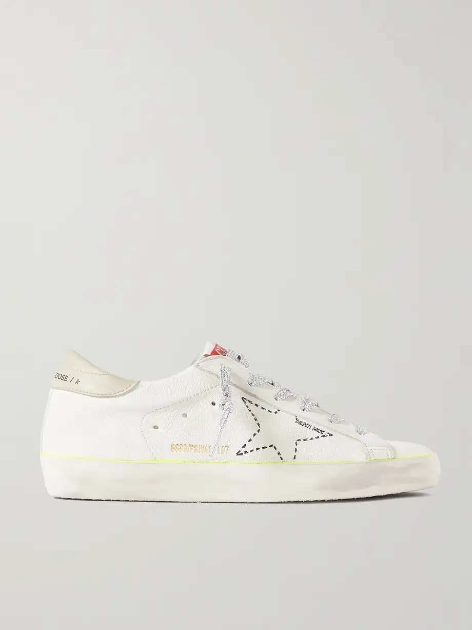 Superstar distressed embroidered textured-leather sneakers