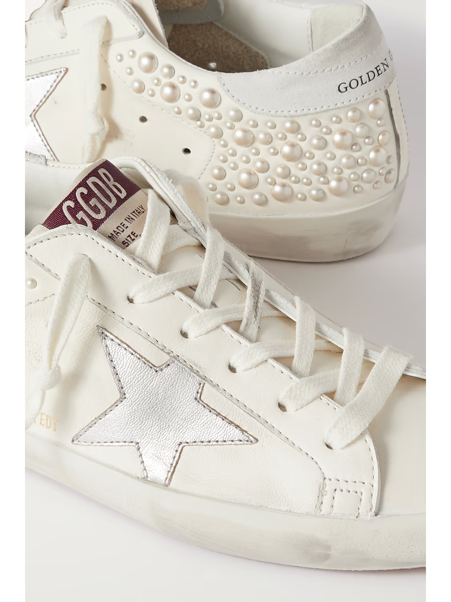 Superstar pearl-embellished distressed leather sneakers