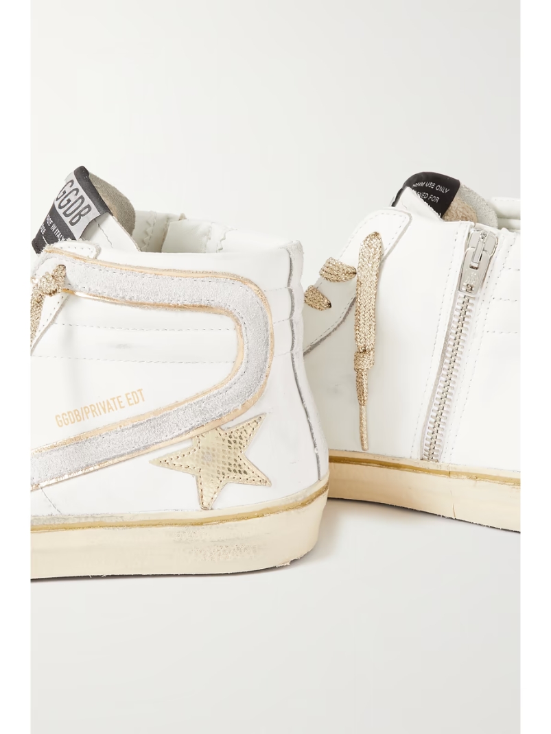 Slide distressed suede and metallic-trimmed leather high-top sneakers