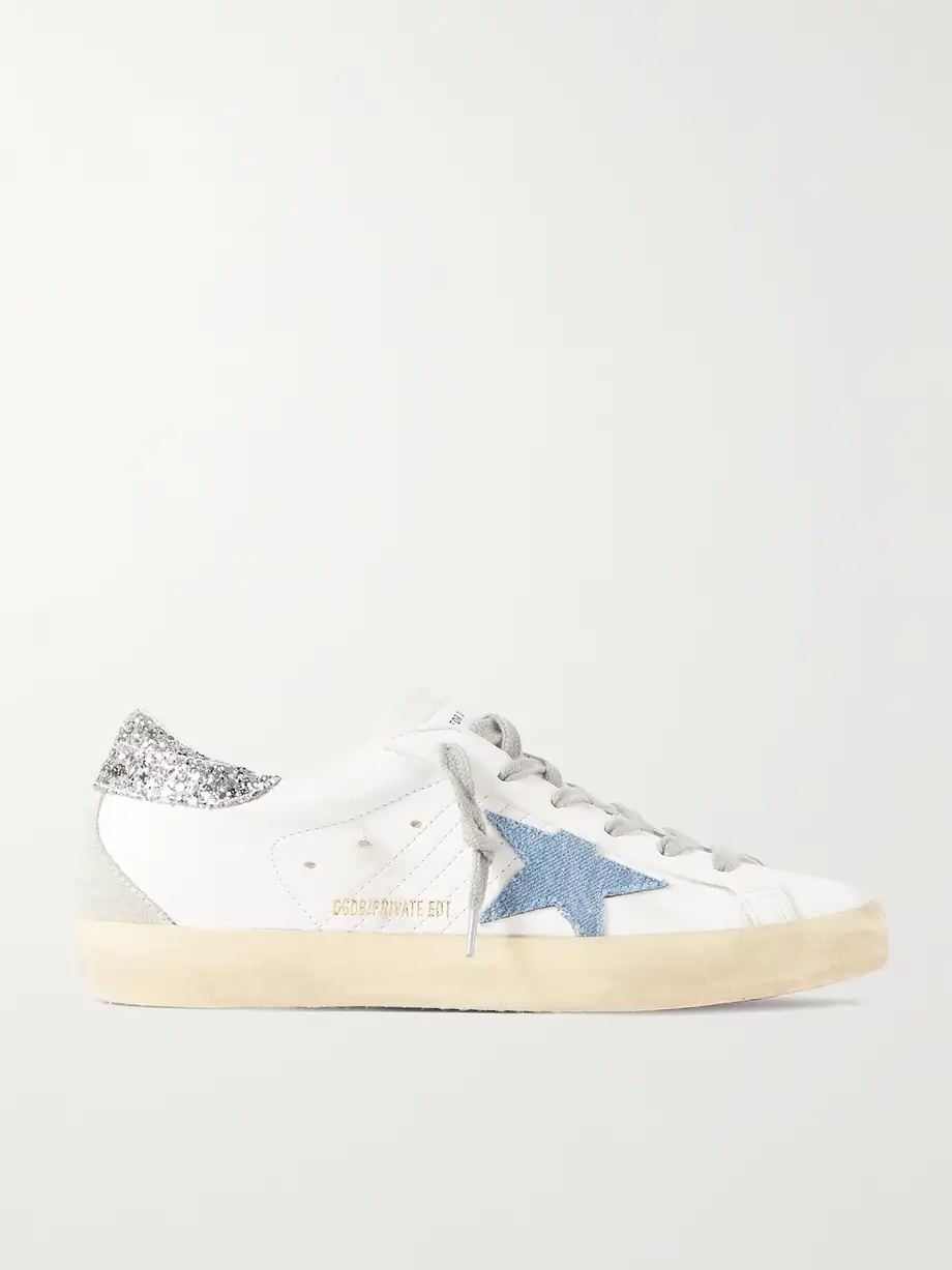 Superstar distressed denim-trimmed glittered leather sneakers