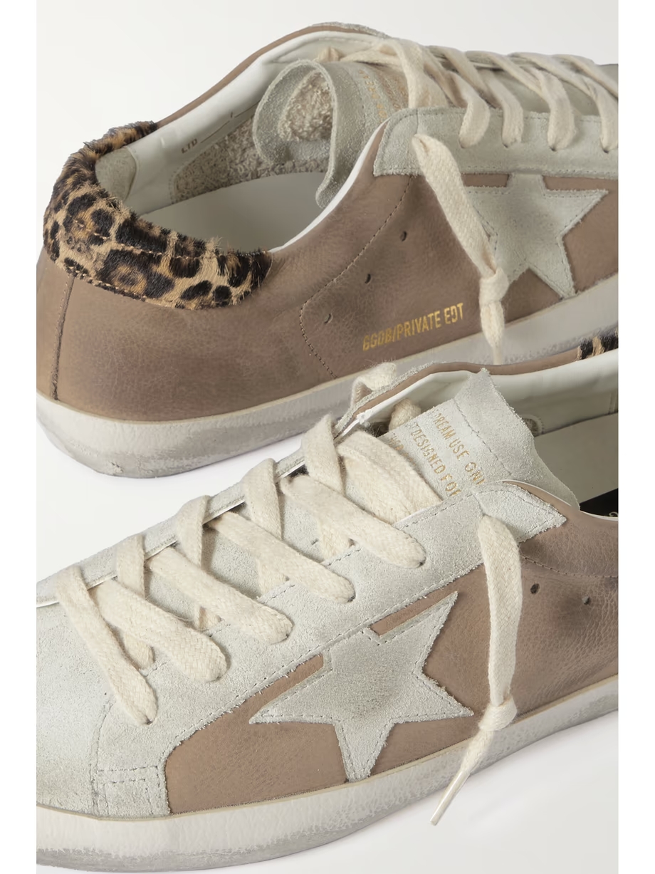 Super-Star distressed calf hair-trimmed nubuck and suede sneakers