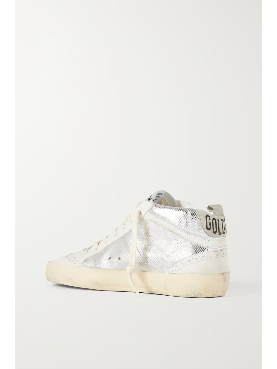 Mid Star distressed suede-trimmed metallic snake-effect leather sneakers