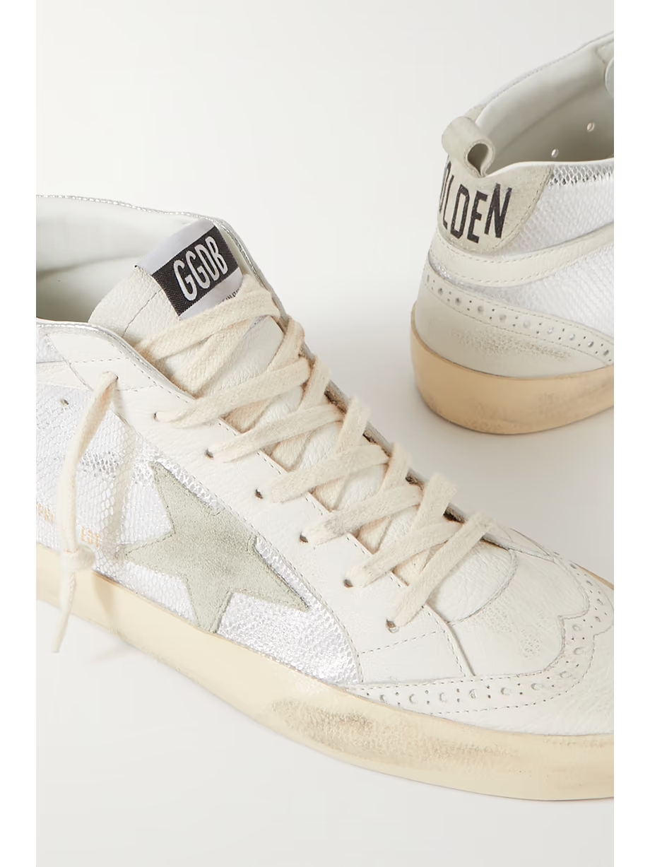 Mid Star distressed suede-trimmed metallic snake-effect leather sneakers