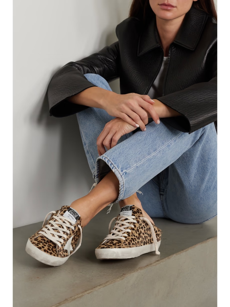 Super-Star Sabot distressed leopard-print calf hair slip-on sneakers