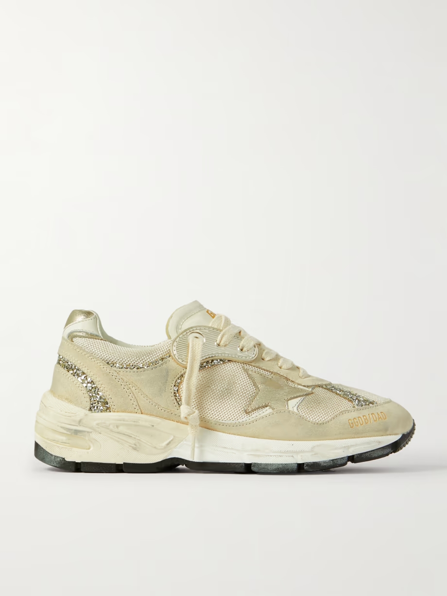 Dad-Star distressed glittered suede, mesh and metallic leather sneakers